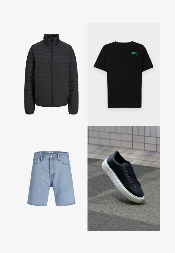 Czarna kurtka pikowana z wysokim kołnierzem, pionowym wzorem pikowania, pełnym zamkiem błyskawicznym z przodu oraz elastycznymi mankietami. Gładka tekstura, lekki materiał.; Czarna koszulka z bawełny z krótkim rękawem. Posiada zielone logo "ROOTS" z przodu, okrągły dekolt i standardowy krój.; Jack & Jones ITONY niebieski denim; Czarne skórzane sneakersy z okrągłym noskiem i białą gumową podeszwą. Posiadają płaskie sznurowadła i minimalne przeszycia na cholewce. Teksturowana podeszwa zapewnia przyczepność.