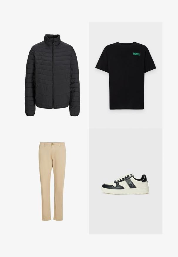 Zwarte gewatteerde jas met een hoge kraag, verticale gestikte patroon, volledige rits aan de voorkant en elastische manchetten. Glad aanvoelende stof, lichtgewicht materiaal.; Zwarte T-shirt van katoen met korte mouwen. Heeft een groen "ROOTS" logo op de voorkant, een ronde halslijn en een standaard pasvorm.; Beige broek met een recht gesneden ontwerp, voorzien van een rits en knoopsluiting, gemaakt van gladde stof met subtiele stiksels.; Leren sneakers met een zwart en crèmekleurig kleurenschema, voorzien van geperforeerde accenten, een gevoerde kraag en een gestructureerde buitenzool.