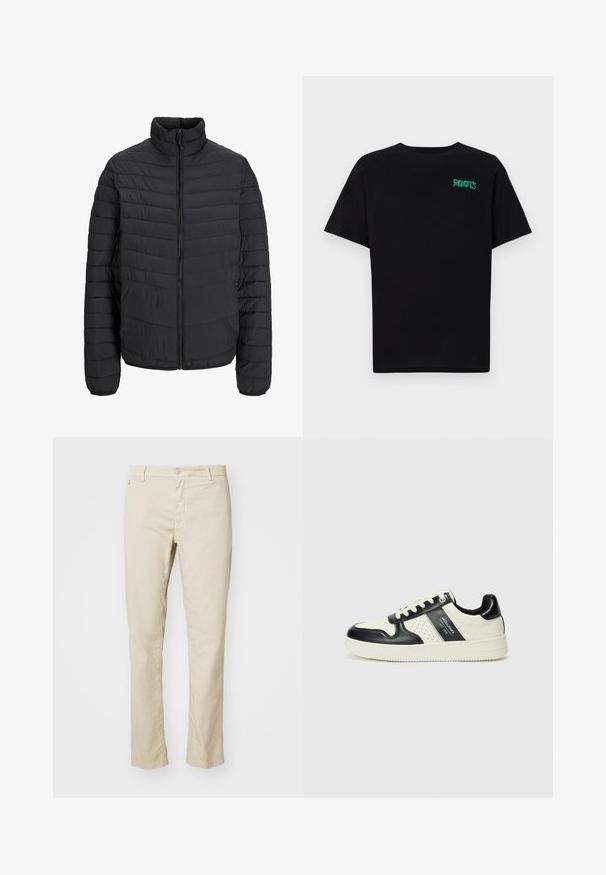 Fekete párnázott dzseki magas gallérral, függőleges steppelt mintával, teljes elülső zipzárral és rugalmas mandzsettákkal. Simább textúra, könnyű anyag.; Fekete, pamutból készült póló rövid ujjakkal. Elöl zöld "ROOTS" logóval, kerek nyakkivágással és normál szabással.; Beige vászon nadrág egyenes szabással, gombos záródással, elülső zsebekkel és sima textúrával.; Fekete és krém színű bőrsneaker, perforált díszítésekkel, párnázott bokapánttal és texturált talppal.