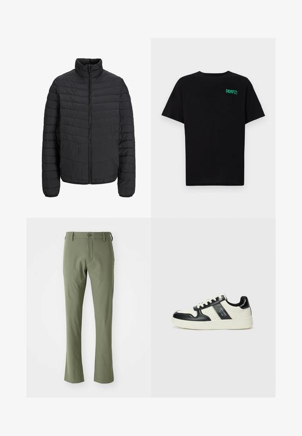 Czarna kurtka pikowana z wysokim kołnierzem, pionowym wzorem pikowania, pełnym zamkiem błyskawicznym z przodu oraz elastycznymi mankietami. Gładka tekstura, lekki materiał.; Czarna koszulka z bawełny z krótkim rękawem. Posiada zielone logo "ROOTS" z przodu, okrągły dekolt i standardowy krój.; Zielone spersonalizowane spodnie o dopasowanym kroju, wykonane z gładkiego materiału. Posiadają zamek błyskawiczny z przodu, zapięcie na guzik oraz proste nogawki.; Skórzane sneakersy w czarno-kremowym schemacie kolorystycznym, z perforowanymi akcentami, wyściełanym kołnierzem i teksturowaną podeszwą.