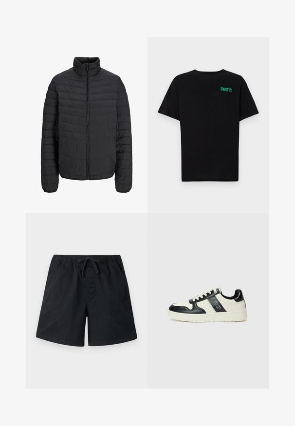 Čierna prešívaná bunda s vysokým golierom, vertikálnym prešívaním, plným predným zipsom a elastickými manžetami. Hladká textúra, ľahký materiál.; Čierne tričko s krátkymi rukávmi vyrobené z bavlny. Na prednej strane má zelené logo "ROOTS", okrúhly výstrih a štandardný strih.; Čierne plavky s elastickým pásom a šnúrkou. Obsahujú bočné vrecká a sú vyrobené z hladkej, ľahkej látky. Štandardný strih.; Kožené tenisky v čierno-krémovej farbe, s perforovanými akcentmi, polstrovaným golierom a štruktúrovanou podrážkou.
