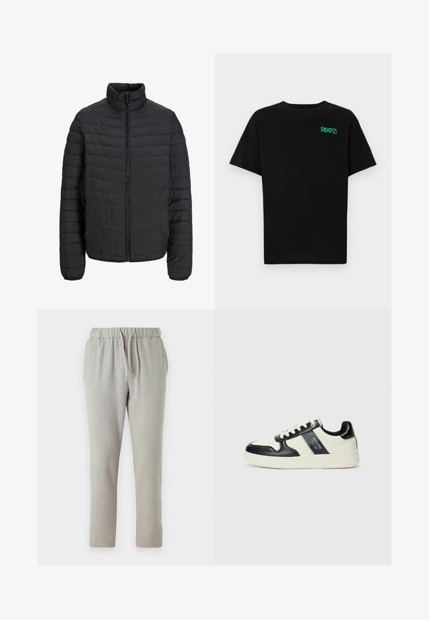 Juodas paminkštintas džemperis su aukštu apykakle, vertikaliu siuvinėjimo raštu, pilnu priekinio užtrauktuko uždarymu ir elastingomis rankogaliais. Lygus paviršius, lengvas medžiagos svoris.; Juodas medvilninis marškinėliai trumpomis rankovėmis. Priekyje yra žalias „ROOTS“ logotipas, apvalus iškirpimas ir standartinė prigludimo forma.; Šviesiai pilki sportiniai kelniai su elastingu juosmeniu ir raišteliu, siaurėjančiomis kojomis ir tekstūruota medžiaga, suteikiančia papildomą komfortą.; Odiniai sportbačiai juodos ir kreminės spalvų schemoje, su perforuotais akcentais, paminkštinta apykakle ir tekstūruotu padu.
