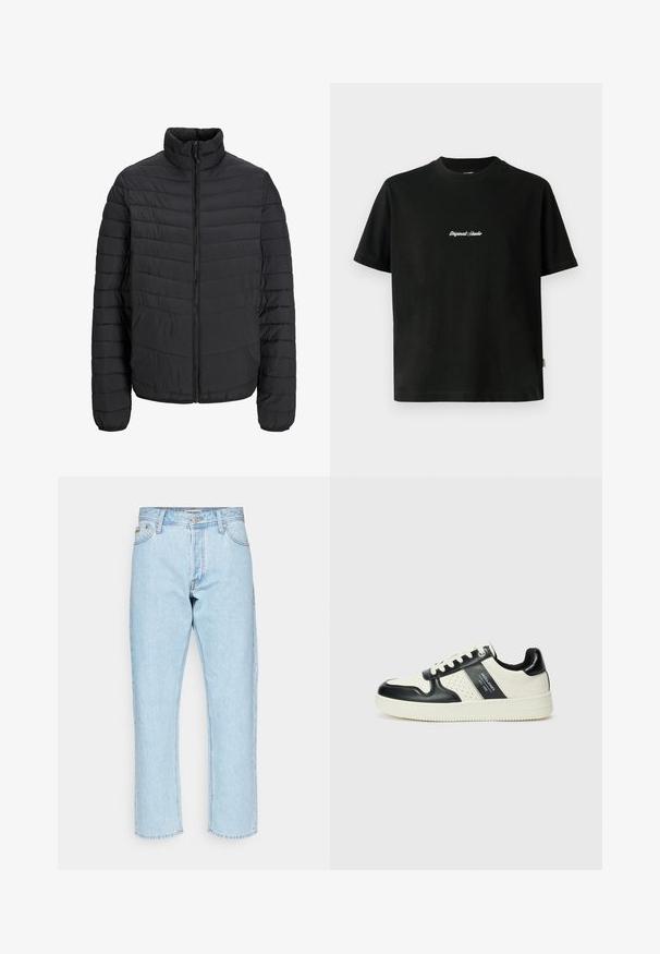Melna polsterēta jaka ar augstu apkakli, vertikālu kviltēšanas rakstu, pilnu priekšējo rāvējslēdzēju un elastīgām aprocēm. Gluda tekstūra, viegla materiāla.; Melnas kokvilnas T-krekls ar īsām piedurknēm, ar baltu izšūtu tekstu "Original Studio" krūšu daļā un apaļu kakla izgriezumu.; Gaiši zili džinsu bikses ar taisnu kāju dizainu, ar klasisku piecu kabatu stilu un metāla detaļu akcentiem.; Ādas sporta apavi ar melnbaltu krāsu shēmu, ar perforētiem akcentiem, mīkstinātu apkakli un teksturētu zoli.