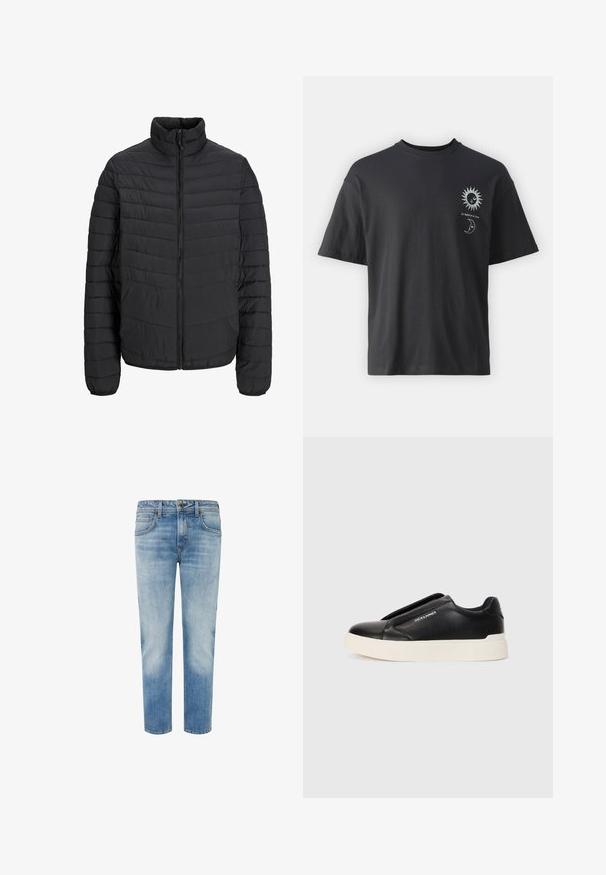 Melna polsterēta jaka ar augstu apkakli, vertikālu kviltēšanas rakstu, pilnu priekšējo rāvējslēdzēju un elastīgām aprocēm. Gluda tekstūra, viegla materiāla.; Melna kokvilnas t-krekls ar īsām piedurknēm, apaļu apkakli un priekšpusē attēlotiem saules un mēness grafikas, kopā ar tekstu "Le Soleil et La Lune."; Gai zili džinsi ar taisnu kāju dizainu, kuriem ir divas priekšējās kabatas, pogu aizdare un kontrastējoši šuvju detaļas.; Melna slip-on kedu ar teksturētu ādas augšdaļu, baltu gumijas zoli un bez redzamām šņorcēm. Uz sāna ir zīmola logo.