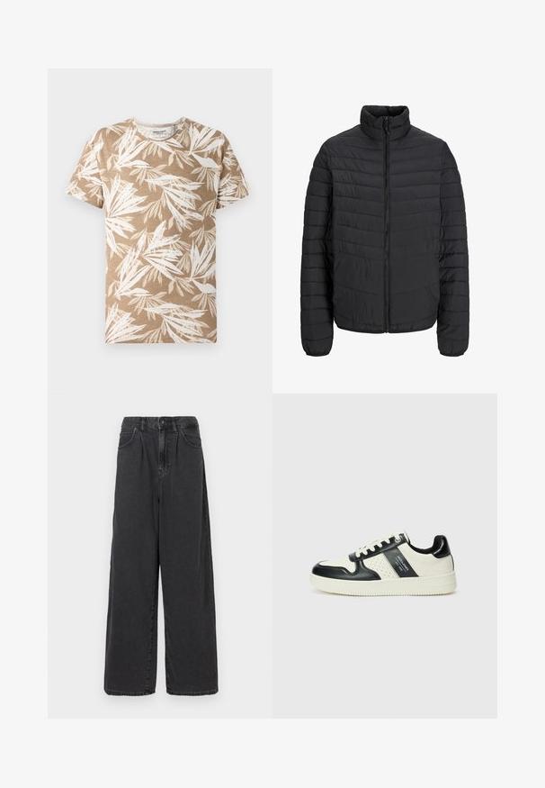 Giacca nera imbottita con colletto alto, motivo a righe verticali, zip frontale completa e polsini elastici. Tessuto liscio, materiale leggero.; T-shirt a maniche corte di colore marrone chiaro con un motivo a foglia bianca. Tessuto morbido, design con scollatura a girocollo e vestibilità rilassata.; Pantaloni in denim neri a gamba larga e vita alta con chiusura frontale a bottoni e zip, dotati di tasche laterali e una texture liscia.; Sneakers in pelle con una combinazione di colori nero e crema, dotati di dettagli perforati, collare imbottito e suola testurizzata.