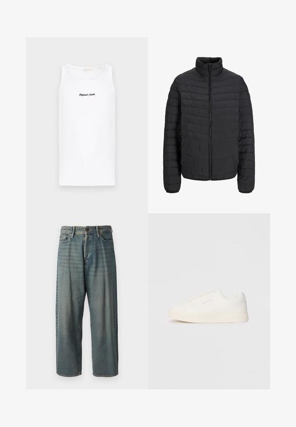 Čierna prešívaná bunda s vysokým golierom, vertikálnym prešívaním, plným predným zipsom a elastickými manžetami. Hladká textúra, ľahký materiál.; Biela tielko vyrobené z bavlny, s okrúhlym výstrihom a priliehavým strihom. Na prednej strane sa nachádza čierne kurzívne logo.; Svetlomodré denimové nohavice so voľným strihom, stredne vysokým pásom a rovnými nohavicami. Obsahujú päť vreciek, pútka na opasok a zapínanie na gombík.; Biele slip-on tenisky s textúrovaným povrchom, hrubou podrážkou a minimalistickým dizajnom. Obsahuje logo značky na boku.