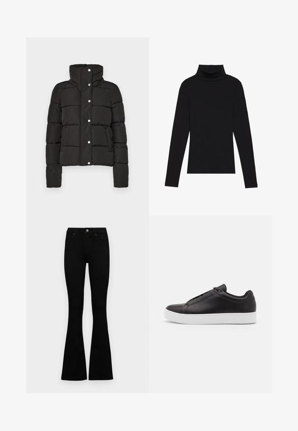 Fekete párnázott dzseki magas gallérral, patentgombos záródással, vízszintes varrással és két elülső zsebbel. Simább anyagtextúra.; Fekete garbónyakú, hosszú ujjú felső, bordás anyagból készült, testhez álló fazonnal, magas nyakkal, minták és díszítések nélkül.; Fekete, magas derekú farmernadrág gomb- és cipzárzárral, elülső zsebekkel és harangszárral, laposan egy fehér háttérre terítve.; Fekete bőr sportcipők sima felülettel, alacsony fazonnal és vastag fehér gumitalppal. Finom varrási részletek az oldalon.