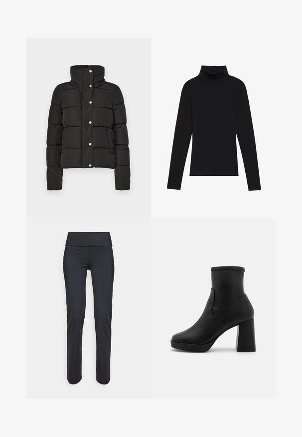 Melnas polsterētas jakas ar augstu apkakli, ar kniedēm aizverama, ar horizontālu šuvju un divām priekšējām kabatām. Gluda auduma tekstūra.; Melnā turtlenecka garām piedurknēm augšdaļa, izgatavota no ribotas auduma, ar pieguļošu piegriezumu, augstu kakla izgriezumu un bez rakstiem vai akcentiem.; Melnas sporta legingi ar plašu, gludu jostu. Izgatavoti no elastīga auduma, ar elegantu, sašaurinātu dizainu un bez redzamām rakstām.; Melnas ādas potītes zābaki ar augstu bloku papēdi, gludu tekstūru un pieguļošu augšpusi. Satur bezšuvju dizainu bez redzamām aizdares detaļām.