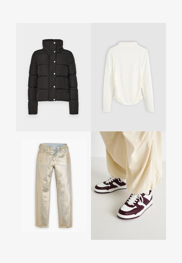 Schwarze gepolsterte Jacke mit hohem Kragen, Knopfverschluss, horizontaler Steppung und zwei Fronttaschen. Glatte Stoffoberfläche.; Langärmliges Oberteil aus cremefarbener Stoff, mit leichter Raffung an den Seiten und klassischem Kragen. Sanfte Textur, schlichtes Design.; Goldene Metall-Denim mit geradem Bein, fünf Taschen, Kupferbeschlägen und strukturiertem Finish. Mit einem blauen Denim-Bund.; ONLY SHOES ONLSWIFT - Sneaker low - white/dark red