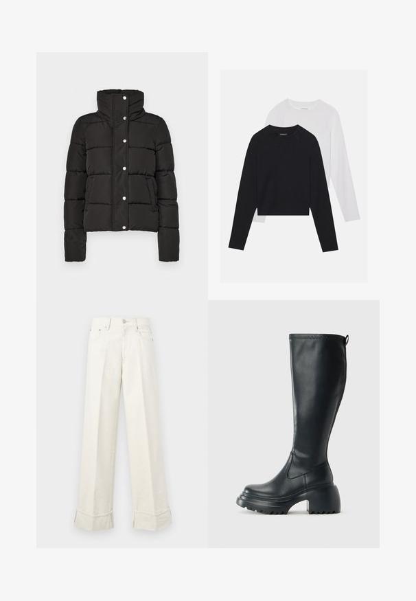 Chaqueta acolchada negra con un alto cuello, que cuenta con cierre de botones a presión, costura horizontal y dos bolsillos frontales. Textura de tela suave.; Dos camisetas de manga larga: una negra y una blanca. Ambas cuentan con un cuello redondo, mangas raglán y una suave mezcla de algodón.; Pantalones de pierna ancha color crema fabricados en algodón, con dobladillos doblados y pasadores para cinturón. Diseñados con dos bolsillos frontales y un cierre de botón en la parte delantera.; Bota alta de cuero negro con suela de plataforma gruesa y tacón cuadrado, que cuenta con una lengüeta y un relieve texturizado en la suela exterior.