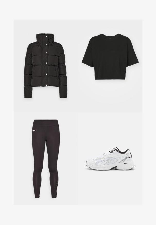 Černá vycpaná bunda s vysokým límcem, se zapínáním na druky, horizontálním prošíváním a dvěma předními kapsami. Hladká textura tkaniny.; Černé zkrácené tričko vyrobené z měkké bavlny. Má kulatý výstřih, krátké rukávy a volný střih bez vzorů nebo akcentů.; Černé sportovní legíny vyrobené z pružné látky. Mají těsný střih, vysoký pas a bílé logo na levé straně.; Bílé sportovní tenisky s prodyšným svrškem, černými detaily, texturovanými panely a polstrovanou podrážkou pro pohodlí a podporu.