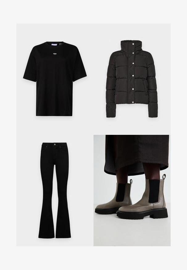 Juodas paminkštintas švarkas su aukštu apykakle, turintis spaudžiamų mygtukų užsegimą, horizontalią siūlę ir dvi priekinės kišenes. Lygus audinio paviršius.; JJXX JXALVA LOOSE PRINT TEE - Paprasti marškinėliai - black; Juodos aukšto liemens džinsai su mygtuku ir užtrauktuku, priekinėmis kišenėmis ir platėjančiomis kojomis, išdėstyti ant baltos fono.; Pilkas kulkšninis batus, pagamintus iš tekstūruotos odos, su elastingomis šoninėmis panelėmis ir masyviu juodu padu. Yra užtrauktukai, skirti lengvam vilkimo procesui.