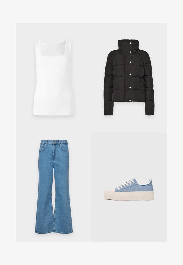 Mustbeežist mantli, millel on kõrge krae, nööpidel sulgemine, horisontaalne õmblemine ja kaks esikotti. Sile kangastekstr.; Valge ilma varrukateta T-särk ruudukujulise kaelusega, valmistatud siledast ja venivast kangast, omades sobivat siluetti ning ilma nähtavate mustrite või aksessuaarideta.; Heledad sinine flared teksade rõivad, millel on kõrge talje, viis taskut ja üks nupulukk. Pehme tekstuur ja pleekinud viimistlus.; Heledad sinised kangast tennisekingad koorevärvi kummist varbakatte ja taldaga, millel on valged paelad ja tõmblukk kandadel.