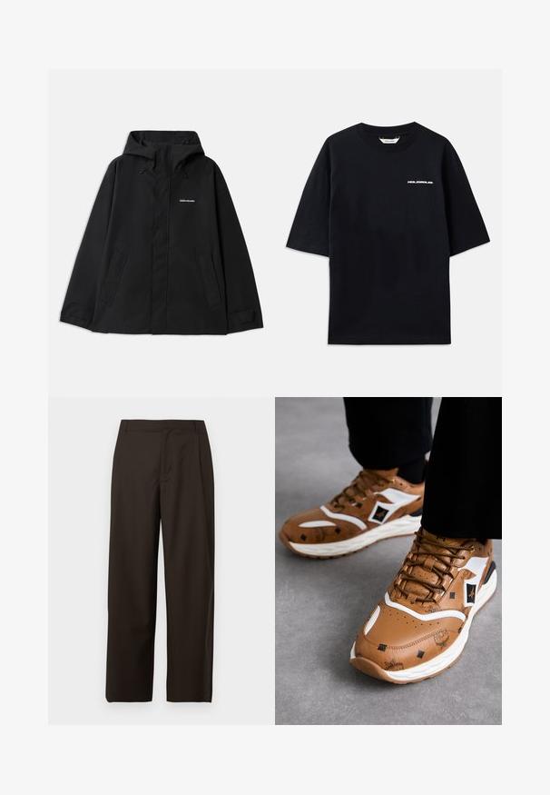 Giacca nera impermeabile con cappuccio, maniche lunghe, chiusura frontale con zip e due tasche laterali. Texture liscia con un design minimalista.; T-shirt nera in cotone a maniche corte, collo rotondo, con un piccolo logo bianco "HOLZWEILER" sul fronte, caratterizzata da una vestibilità ampia.; Pantaloni marroni a gamba larga realizzati in tessuto liscio, con fronte piatto senza tasche o decorazioni visibili.; Sneaker in pelle marrone con accenti bianchi, motivi testurizzati e dettagli in oro; suola spessa bianca; punta rotonda e design con lacci.