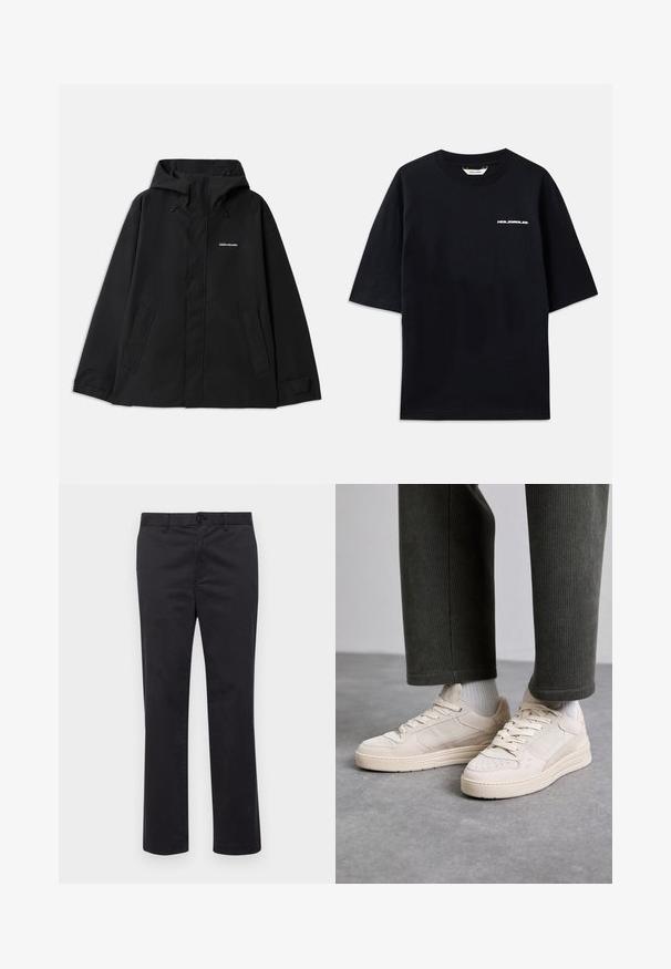 Juodas atsparus vandeniui džemperis su kapišonu, ilgomis rankovėmis, priekyje su užtrauktuku ir dviem šoninėmis kišenėmis. Lygus paviršius su minimalistiniu dizainu.; Juodas medvilninis marškinėlis trumpomis rankovėmis, apvaliu iškirpimu ir mažuoju baltu "HOLZWEILER" logotipu priekyje, pasižymintis laisvu siluetu.; Juodi medvilniniai kelniukai tiesaus kirpimo, su sagos uždarymu ir diržo kilpomis. Lygus audinys, be matomų raštų ar akcentų.; Beige sportbačiai, pagaminti iš zomšos ir tinklelio, su perforuotais akcentais, plokščiomis raišteliais ir storesniu padu. Dėvimi su žaliais aksominiais kelnėmis.