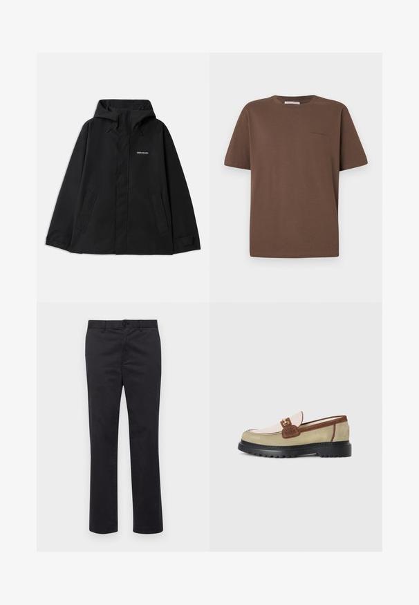 Black waterproof jacket with a hood, long sleeves, front zip closure, and two side pockets. Smooth texture with a minimalist design.; Brown cotton t-shirt with a round neckline, short sleeves, and a small logo printed on the front. Flat fabric texture, casual fit.; Black cotton trousers with a straight leg design, featuring a button closure and belt loops. Smooth texture, no visible patterns or accents.; Loafer with beige, light pink, and brown suede panels, gold metal buckle accent, and thick black rubber sole with tread pattern.