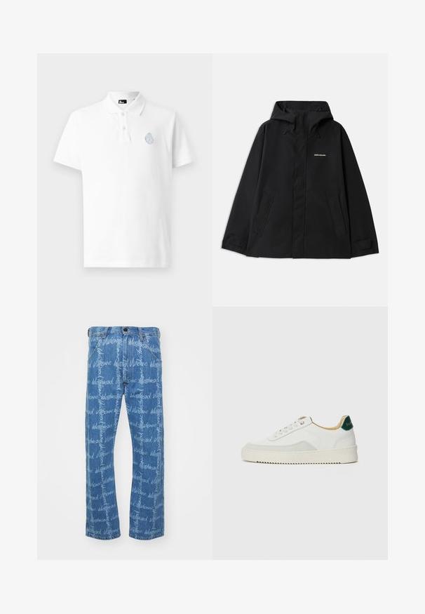Casaco preto impermeável com capuz, mangas longas, fecho frontal em zíper e dois bolsos laterais. Textura suave com um design minimalista.; Camisola polo branca feita de algodão, com um fecho de três botões e um emblema bordado azul claro no lado esquerdo do peito. Mangas curtas.; Jeans de ganga azul com corte reto, apresentando um padrão repetido de texto "Vivienne Westwood" em branco. Design clássico de cinco bolsos.; Tênis brancos com detalhes em camurça, bico arredondado, atacadores planos e sola de borracha creme. Apresenta uma marcação verde no calcanhar.