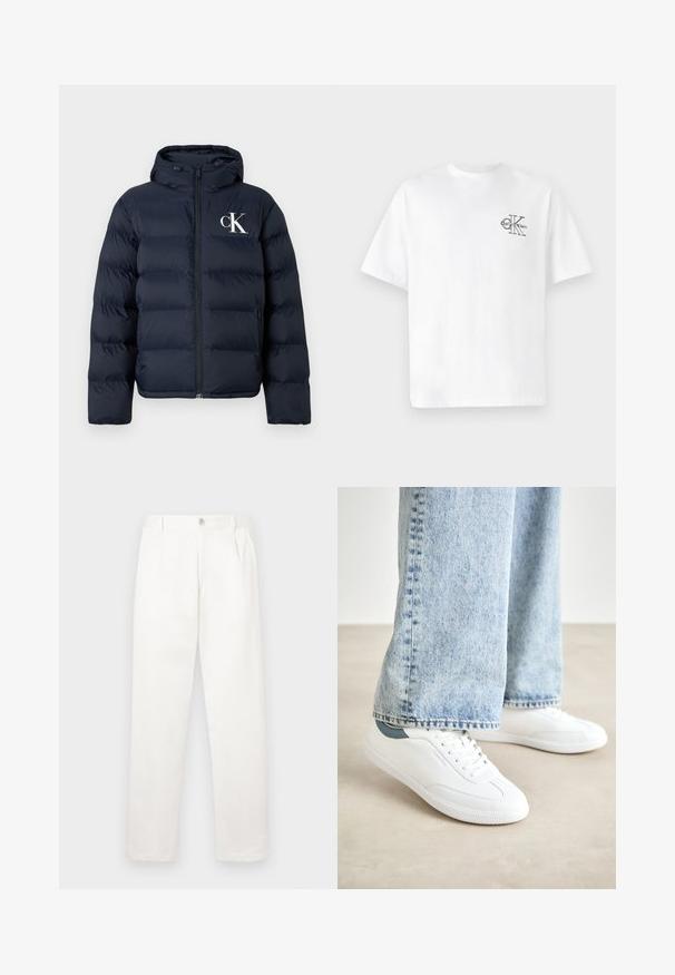 Tumši zila pūkaina jaka ar kapuci, priekšējo rāvējslēdzēju, sānu kabatām un baltu "cK" logotipu kreisajā krūtī.; Balta kokvilnas T-krekls ar īsām piedurknēm, apaļo kaklu, ar melnu CK logotipu kreisajā krūšu zonā, standarta piegriezums, gluda tekstūra.; Baltas bikses, izgatavotas no gludas auduma, ar taisnu kāju dizainu, priekšējiem krokām un vienu pogu aizdari jostasvietā.; Baltas kedas ar gludu materiālu, auklām, teksturētu gumijas zoli un tirkīza akcentu uz papēža, apvienoti ar gaiši ziliem džinsiem.