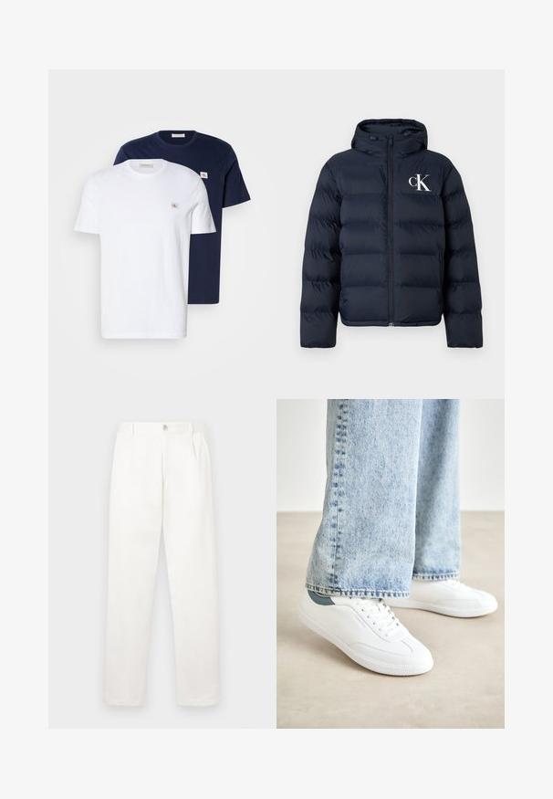Tamnoplava puffer jakna s kapuljačom, prednjim zatvaračem, bočnim džepovima i bijelim "cK" logotipom na lijevoj strani prsiju.; Pakiranje pamučnih majica u bijeloj i mornarskoj boji. Svaka ima okrugli izrez, kratke rukave i mali logotip na prsima.; Bijele hlače izrađene od glatkog materijala, s ravnim krojem, prednjim nabora i jednim gumbom za zatvaranje u struku.; Bijele tenisice od glatkog materijala, s vezivanjem, teksturiranom gumom potplatom i tirkiznim detaljem na peti, u kombinaciji s svijetloplavim trapericama.