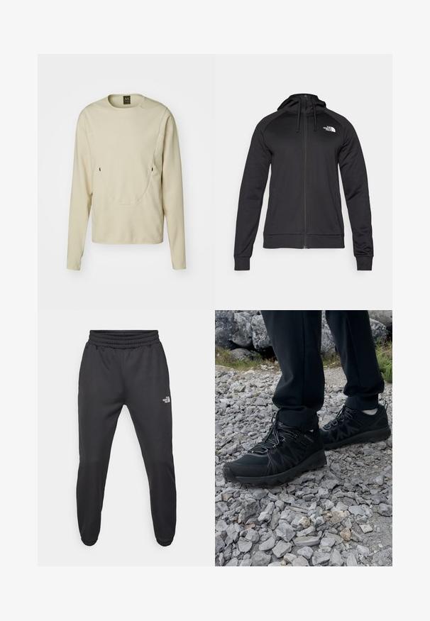 Mustat vetoketjulliset hupparit, joissa on istuva muotoilu, varustettuna nyörillä säädettävässä hupussa ja logolla vasemmassa rinnassa. Pehmeä, joustava kangas ribbaantuneilla hihansuilla.; Oakley LATITUDE TECH FLEECE - Fleecepaita - white birch; Mustat collegehousut, joissa on nauhakuomu vyötäröllä, kapeneva fit, elastiset hihansuut ja pieni valkoinen logo vasemmassa reidessä, valmistettu sileästä kankaasta.; Mustat ulkokengät, joissa on verkko- ja synteettinen materiaali, teksturoitu päällinen, varma nauhoitusjärjestelmä ja kestävä pohja kivikkoisella maastolla.