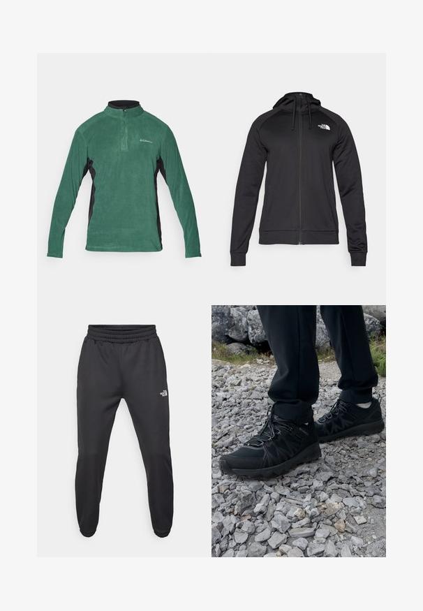 Schwarze Zip-Hoodie mit tailliertem Design, ausgestattet mit einer Kordelzugkapuze und einem Logo auf der linken Brust. Weicher, dehnbarer Stoff mit gerippten Bündchen.; Grüner Fleece-Pullover mit einem Viertel-Reißverschluss, schwarzen Seitenpaneelen und langen Ärmeln. Er zeichnet sich durch eine glatte Textur und ein kleines Logo auf der Brust aus.; Schwarze Jogginghose mit verstellbarem Bund, schlanker Passform, elastischen Bündchen und einem kleinen weißen Logo am linken Oberschenkel, hergestellt aus glattem Stoff.; Schwarze Outdoor-Schuhe aus Mesh und synthetischem Material, mit einer strukturierten Oberseite, gesichertem Schnürsystem und griffiger Laufsohle, auf felsigem Gelände.
