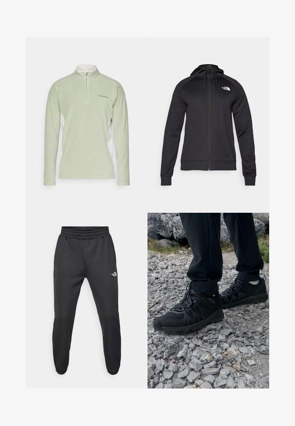 Schwarze Zip-Hoodie mit tailliertem Design, ausgestattet mit einer Kordelzugkapuze und einem Logo auf der linken Brust. Weicher, dehnbarer Stoff mit gerippten Bündchen.; Hellgrüner Fleece-Pullover mit hohem Kragen und halbem Reißverschluss. Hat weiße Seitenpaneele und ein kleines Logo auf der Brust. Weicher Stoff.; Schwarze Jogginghose mit verstellbarem Bund, schlanker Passform, elastischen Bündchen und einem kleinen weißen Logo am linken Oberschenkel, hergestellt aus glattem Stoff.; Schwarze Outdoor-Schuhe aus Mesh und synthetischem Material, mit einer strukturierten Oberseite, gesichertem Schnürsystem und griffiger Laufsohle, auf felsigem Gelände.