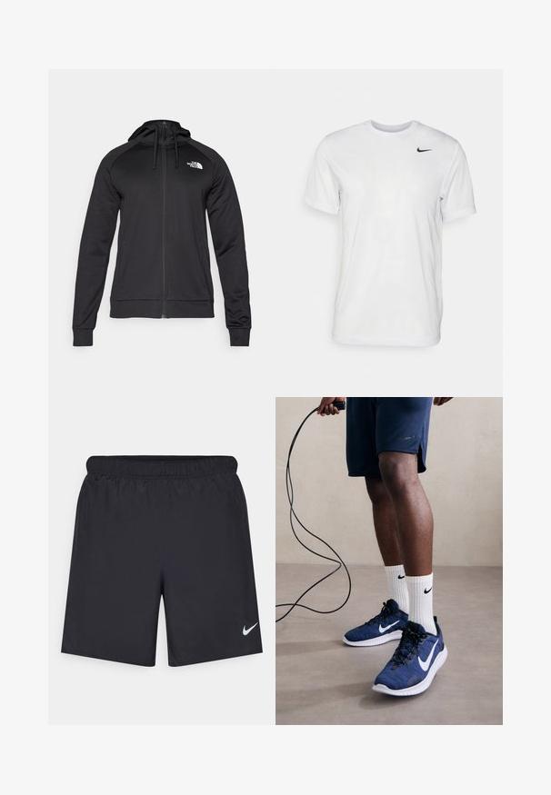 Must mustaga kapuutsiga must zip-up pusakar, millel on istuv disain, reguleeritav kapuutsi ja logo vasakul rinnal. Pehme, veniv kangas, ribadega mansetid.; Valge lühikeste varrukatega t-särk, mis on valmistatud siledast kangast. Omab ümmargust kaelust ja väikest musta Nike logo vasakul rinnal.; Mustad mustikud lühikesed püksid, mis on valmistatud kergest materjalist ja millel on elastne vöökoht. Alumisel vasakul küljel on väike valge Nike logo.; Nike Performance FLEX EXPERIENCE RUN 12 - Maanteejooksu jalatsid - astronomy blue/white/black/hyper crimson