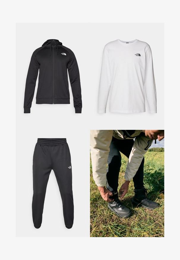 Sudadera negra con cremallera y un diseño ajustado, que incluye una capucha con cordón y un logo en el lado izquierdo del pecho. Fabricada con un material suave y elástico, con puños acanalados.; Camiseta de manga larga blanca de algodón con cuello redondo. Presenta un pequeño logotipo negro en el pecho. Textura suave, corte regular.; Pantalones deportivos negros con cintura ajustable mediante cordón, corte tapered, puños elásticos y un pequeño logo blanco en el muslo izquierdo, fabricados en tejido suave.; Botas de exterior negras con parte superior de cuero texturizado y suela de goma. El usuario está ajustando los cordones mientras está de pie sobre el césped.