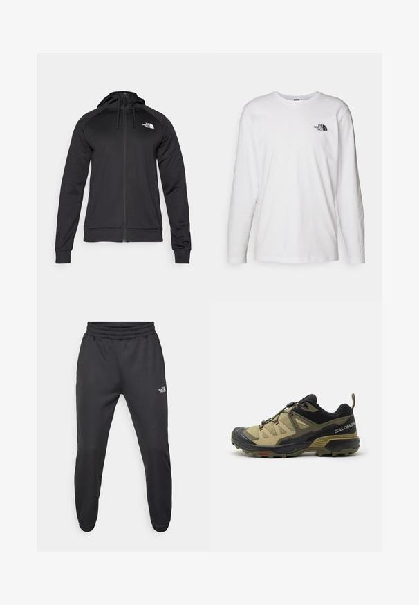 Černá zipová mikina s přiléhavým střihem, s kapucí na šňůrku a logem na levé části hrudi. Měkká, elastická tkanina s žebrovanými manžetami.; Bílý dlouhý rukáv tričko vyrobené z bavlny s kulatým výstřihem. Na hrudi se nachází malé černé logo. Hladká textura, běžný střih.; Černé tepláky s nastavitelným pasem, zúženým střihem, elastickými manžetami a malým bílým logem na levém stehně, vyrobené z hladké tkaniny.; Salomon trail runningová obuv v khaki a černé barvě. Obsahuje texturovaný síťový svršek, ochrannou špičku, polstrovanou podrážku a nastavitelný systém šněrování.