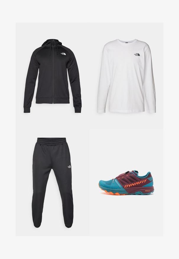 Sort zip-up hættetrøje med en tætsiddende pasform, der har snøre i hætten og logo på venstre bryst. Blødt, strækbart stof med ribbede manchetter.; Hvid langærmet T-shirt lavet af bomuld med rund hals. Har et lille sort logo på brystet. Glat tekstur, almindelig pasform.; Sorte sweatpants med snor i livet, tætsiddende pasform, elastiske manchetter og et lille hvidt logo på venstre lår, lavet af glat stof.; Teal og maroon trail sko med en tekstureret overdel, orange accenter, et strømlinet design og et hurtigt snørresystem.