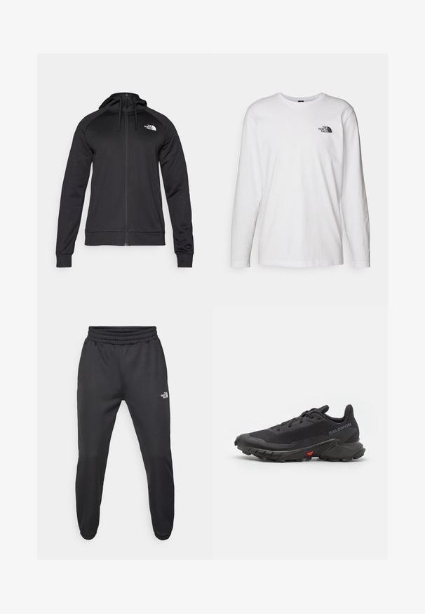 Haut de hoodie noir zippé au design ajusté, doté d'une capuche avec cordon de serrage et d'un logo sur la poitrine gauche. Tissu doux et extensible avec des poignets côtelés.; T-shirt blanc à manches longues en coton avec un col rond. Présente un petit logo noir sur la poitrine. Texture lisse, coupe régulière.; Pantalons de survêtement noirs avec une taille à cordon de serrage, coupe fuselée, poignets élastiques et un petit logo blanc sur la cuisse gauche, fabriqués en tissu lisse.; Baskets de trail running noires avec une tige respirante, un tissu texturé, un accent rouge sur la semelle et un profil de semelle agressif pour l'adhérence.