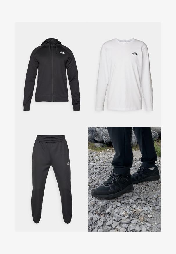 Sudadera negra con cremallera y un diseño ajustado, que incluye una capucha con cordón y un logo en el lado izquierdo del pecho. Fabricada con un material suave y elástico, con puños acanalados.; Camiseta de manga larga blanca de algodón con cuello redondo. Presenta un pequeño logotipo negro en el pecho. Textura suave, corte regular.; Pantalones deportivos negros con cintura ajustable mediante cordón, corte tapered, puños elásticos y un pequeño logo blanco en el muslo izquierdo, fabricados en tejido suave.; Zapatos exteriores negros con malla y material sintético, que presentan un upper texturizado, un sistema de cordones seguro y una suela robusta, sobre terreno rocoso.