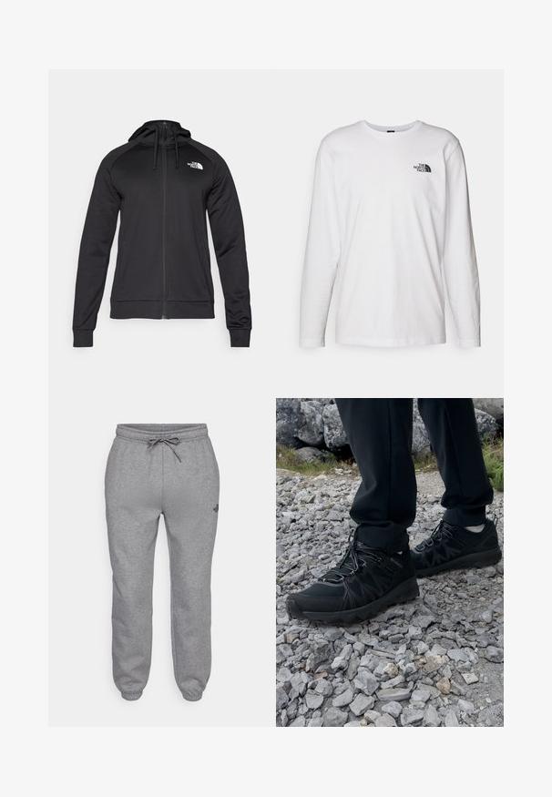 Schwarze Zip-Hoodie mit tailliertem Design, ausgestattet mit einer Kordelzugkapuze und einem Logo auf der linken Brust. Weicher, dehnbarer Stoff mit gerippten Bündchen.; Weißes langärmliges T-Shirt aus Baumwolle mit Rundhalsausschnitt. Verfügt über ein kleines schwarzes Logo auf der Brust. Glatte Textur, reguläre Passform.; The North Face SIMPLE DOME REGULAR TAPERED JOGGER - Jogginghose - medium grey heather; Schwarze Outdoor-Schuhe aus Mesh und synthetischem Material, mit einer strukturierten Oberseite, gesichertem Schnürsystem und griffiger Laufsohle, auf felsigem Gelände.