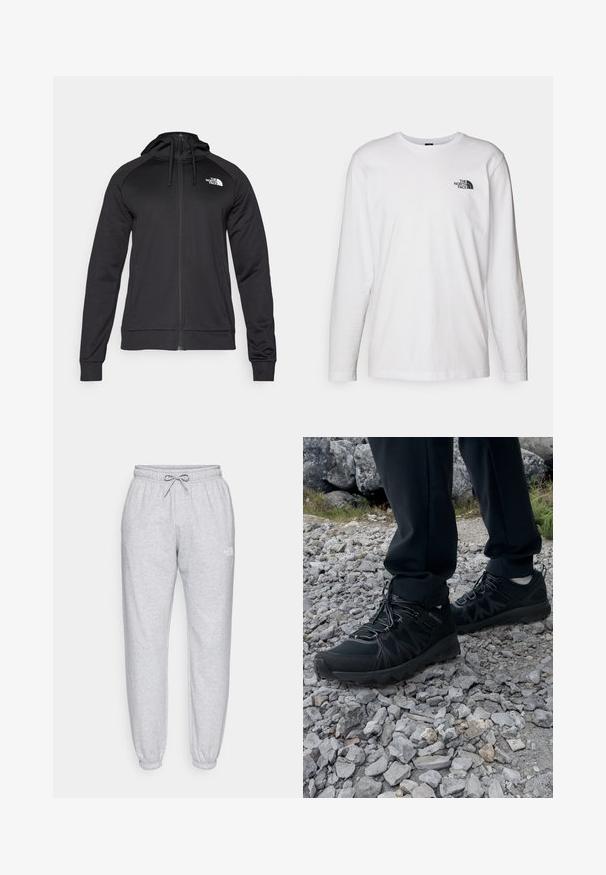 Sudadera negra con cremallera y un diseño ajustado, que incluye una capucha con cordón y un logo en el lado izquierdo del pecho. Fabricada con un material suave y elástico, con puños acanalados.; Camiseta de manga larga blanca de algodón con cuello redondo. Presenta un pequeño logotipo negro en el pecho. Textura suave, corte regular.; Pantalones de chándal de color gris claro con cintura elástica y cordón. Con puños en los tobillos y un sutil logo en la parte superior de la pierna. Fabricados con una tela suave.; Zapatos exteriores negros con malla y material sintético, que presentan un upper texturizado, un sistema de cordones seguro y una suela robusta, sobre terreno rocoso.