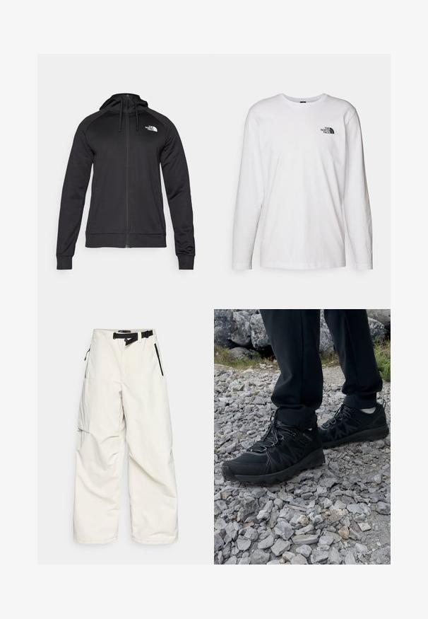 Felpa nera con zip e design aderente, dotata di cappuccio regolabile con cordino e logo sul petto a sinistra. Tessuto morbido e elastico con polsini a coste.; T-shirt bianco a maniche lunghe in cotone con colletto rotondo. Presenta un piccolo logo nero sul petto. Texture liscia, vestibilità regolare.; Pantaloni cargo bianchi realizzati in tessuto resistente all'acqua, dotati di una cintura in vita, tasche laterali con cerniere e un design ampio e morbido.; Scarpe da esterni nere realizzate in mesh e materiale sintetico, con una parte superiore testurizzata, un sistema di allacciatura sicuro e una suola robusta, su terreno roccioso.
