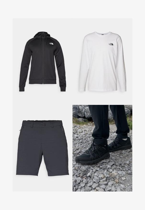 Svart hettegenser med glidelås og en tettsittende design, med snor for justering av hetta og logo på venstre bryst. Mykt, elastisk stoff med ribbede mansjetter.; Hvit langermet T-skjorte laget av bomull med rund hals. Har en liten svart logo på brystet. Glatt tekstur, vanlig passform.; Mørkegrå shorts laget av lett stoff med flat midje, glidelås lommer på sidene og rett snitt til kneet.; Sorte utendørssko i svart med mesh og syntetisk materiale, med en teksturert overdel, sikret snøresystem og en robust såle, på steinete terreng.