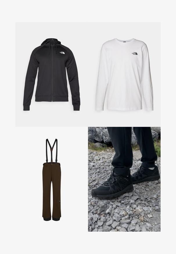 Schwarze Zip-Hoodie mit tailliertem Design, ausgestattet mit einer Kordelzugkapuze und einem Logo auf der linken Brust. Weicher, dehnbarer Stoff mit gerippten Bündchen.; Weißes langärmliges T-Shirt aus Baumwolle mit Rundhalsausschnitt. Verfügt über ein kleines schwarzes Logo auf der Brust. Glatte Textur, reguläre Passform.; Braune Snowboardhosen mit verstellbaren schwarzen Trägern, Reißverschlusstaschen, verstärkten Säumen und einem Logopatch am Oberschenkel.; Schwarze Outdoor-Schuhe aus Mesh und synthetischem Material, mit einer strukturierten Oberseite, gesichertem Schnürsystem und griffiger Laufsohle, auf felsigem Gelände.