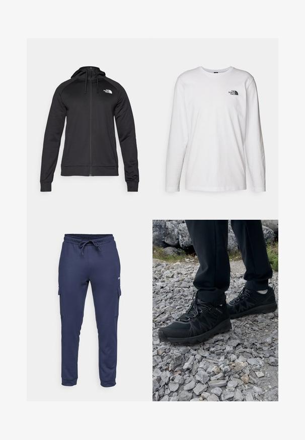 Black zip-up hoodie with a fitted design, featuring a drawstring hood and logo on the left chest. Soft, stretchy fabric with ribbed cuffs.; White long-sleeve T-shirt made of cotton with a crew neck. Features a small black logo on the chest. Smooth texture, regular fit.; Jack & Jones Performance JPSTGORDON JJBASIC ICE CARGO PANTS - Trousers - navy blazer; Black outdoor shoes with mesh and synthetic material, featuring a textured upper, secured lacing system, and a rugged outsole, on rocky terrain.