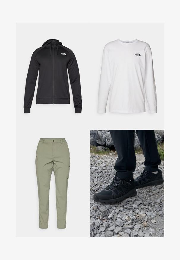 Mustat vetoketjulliset hupparit, joissa on istuva muotoilu, varustettuna nyörillä säädettävässä hupussa ja logolla vasemmassa rinnassa. Pehmeä, joustava kangas ribbaantuneilla hihansuilla.; Valkoinen pitkähihaisen T-paita, joka on valmistettu puuvillasta ja jossa on pyöreä kaula-aukko. Rintamuksessa on pieni musta logo. Sileä kangas, normaali malli.; Vaaleanoliivinvihreät cargo-housut suoran lahkeiden muotoilulla, edestä napilla suljettavina, ja sivutaskuilla käytännöllisyyttä varten. Liukas, kestävä kangas.; Mustat ulkokengät, joissa on verkko- ja synteettinen materiaali, teksturoitu päällinen, varma nauhoitusjärjestelmä ja kestävä pohja kivikkoisella maastolla.