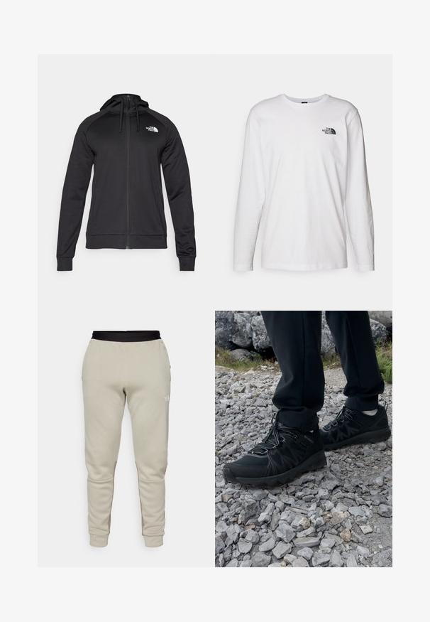 Zwarte rits-hoodie met een aansluitend ontwerp, voorzien van een trekkoordsluiting en een logo op de linkerborst. Zacht, rekbaar materiaal met geribde manchetten.; Witte lange mouwen T-shirt gemaakt van katoen met een ronde hals. Beschikt over een klein zwart logo op de borst. Soepele textuur, normale pasvorm.; The North Face PANT - Trainingsbroek - clay grey/cavern grey; Zwarte buitenschoenen van mesh en synthetisch materiaal, met een gestructureerd bovenwerk, een beveiligd vetersysteem en een robuuste zool, op een ruig terrein.