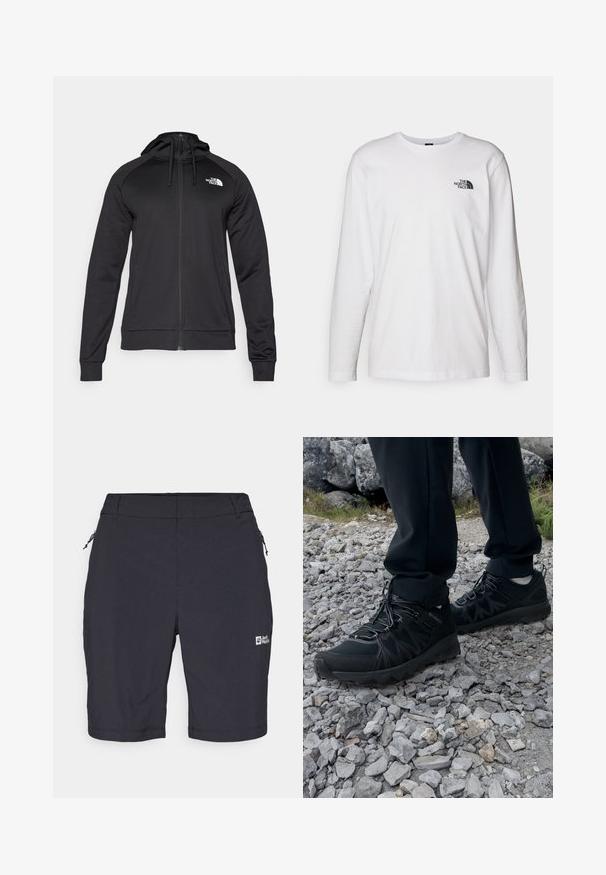 Sort zip-up hættetrøje med en tætsiddende pasform, der har snøre i hætten og logo på venstre bryst. Blødt, strækbart stof med ribbede manchetter.; Hvid langærmet T-shirt lavet af bomuld med rund hals. Har et lille sort logo på brystet. Glat tekstur, almindelig pasform.; Sorte udendørs shorts med en lynlåslomme, let stof, glat tekstur og et logo på nederste højre side.; Sorte udendørssko med mesh og syntetisk materiale, med en tekstureret overdel, sikre snørebånd og en robust ydersål, på klippelandskab.
