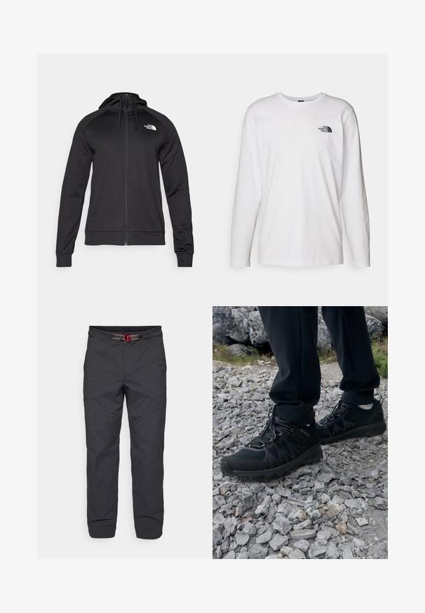 Černá zipová mikina s přiléhavým střihem, s kapucí na šňůrku a logem na levé části hrudi. Měkká, elastická tkanina s žebrovanými manžetami.; Bílý dlouhý rukáv tričko vyrobené z bavlny s kulatým výstřihem. Na hrudi se nachází malé černé logo. Hladká textura, běžný střih.; Klättermusen ASAR PANT - Outdoorové kalhoty - black; Černé venkovní boty z prodyšného a syntetického materiálu, s texturovaným svrškem, bezpečným šněrovacím systémem a robustní podrážkou, na skalnatém terénu.