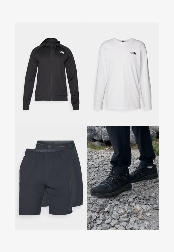 Felpa nera con zip e design aderente, dotata di cappuccio regolabile con cordino e logo sul petto a sinistra. Tessuto morbido e elastico con polsini a coste.; T-shirt bianco a maniche lunghe in cotone con colletto rotondo. Presenta un piccolo logo nero sul petto. Texture liscia, vestibilità regolare.; Due coppie di pantaloni corti blu scuro affiancati. Una ha una cintura elastica con loghi, mentre l'altra presenta una tasca di lato.; Scarpe da esterni nere realizzate in mesh e materiale sintetico, con una parte superiore testurizzata, un sistema di allacciatura sicuro e una suola robusta, su terreno roccioso.