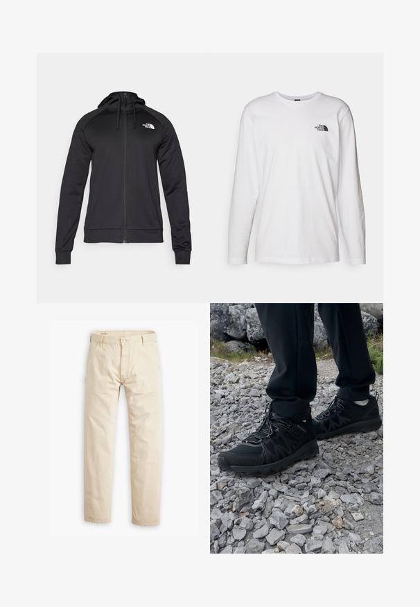 Černá zipová mikina s přiléhavým střihem, s kapucí na šňůrku a logem na levé části hrudi. Měkká, elastická tkanina s žebrovanými manžetami.; Bílý dlouhý rukáv tričko vyrobené z bavlny s kulatým výstřihem. Na hrudi se nachází malé černé logo. Hladká textura, běžný střih.; Bežové bavlněné kalhoty se střihem rovného nohavice, které mají dvě přední náprsní kapsy, zapínání na knoflík a zesílené švy pro zvýšení odolnosti.; Černé venkovní boty z prodyšného a syntetického materiálu, s texturovaným svrškem, bezpečným šněrovacím systémem a robustní podrážkou, na skalnatém terénu.