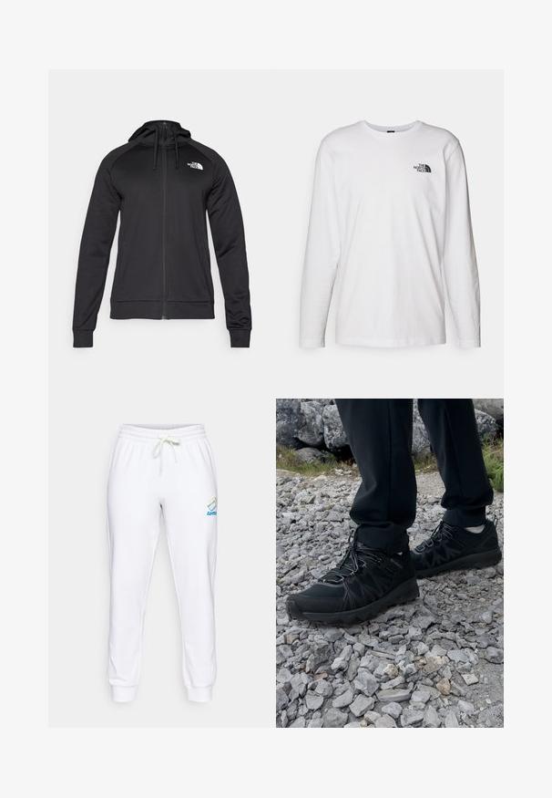 Zwarte rits-hoodie met een aansluitend ontwerp, voorzien van een trekkoordsluiting en een logo op de linkerborst. Zacht, rekbaar materiaal met geribde manchetten.; Witte lange mouwen T-shirt gemaakt van katoen met een ronde hals. Beschikt over een klein zwart logo op de borst. Soepele textuur, normale pasvorm.; Witte katoenen sweatpants met een elastische tailleband, verstelbaar trekkoord en logodetails in blauwe en regenboogkleuren op de linker bovenbeen.; Zwarte buitenschoenen van mesh en synthetisch materiaal, met een gestructureerd bovenwerk, een beveiligd vetersysteem en een robuuste zool, op een ruig terrein.