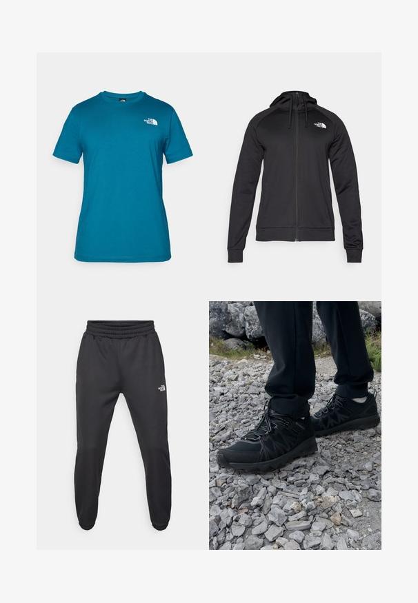 Sort zip-up hættetrøje med en tætsiddende pasform, der har snøre i hætten og logo på venstre bryst. Blødt, strækbart stof med ribbede manchetter.; Teal kortærmet t-shirt lavet af blødt bomuld, med et hvidt logo trykt på venstre bryst og en klassisk rund hals design.; Sorte sweatpants med snor i livet, tætsiddende pasform, elastiske manchetter og et lille hvidt logo på venstre lår, lavet af glat stof.; Sorte udendørssko med mesh og syntetisk materiale, med en tekstureret overdel, sikre snørebånd og en robust ydersål, på klippelandskab.