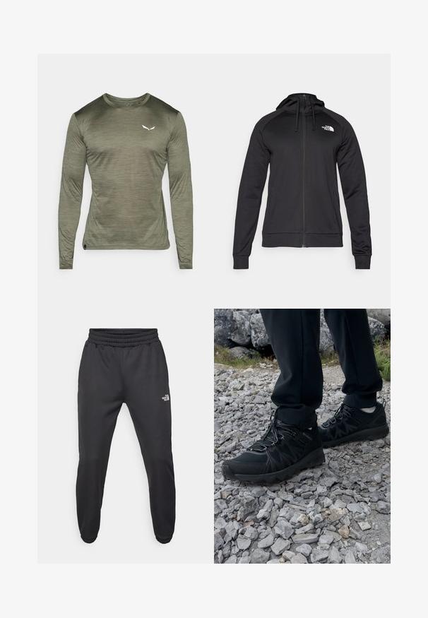 Črna zip-up kapuca s prilegnjenim dizajnom, ki ima kapuco z vrvico in logo na levem prsnem delu. Mehka, raztegljiva tkanina z rebrastimi manšetami.; Majica z dolgimi rokavi v olivno zeleni barvi, izdelana iz mehke, lahke tkanine. Ima subtilen sijaj in majhen bel logotip na prsih.; Črne trenirke z vrvico v pasu, ozkega kroja, z elastičnimi manšetami in majhnim belim logotipom na levem stegnu, narejene iz gladkega materiala.; Črne zunanje čevlje iz mrežastega in sintetičnega materiala, s teksturiranim zgornjim delom, zavarovanim sistemom vezalk in trdim podplatom, na skalnatem terenu.