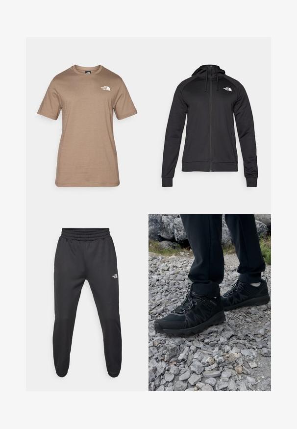 Sort zip-up hættetrøje med en tætsiddende pasform, der har snøre i hætten og logo på venstre bryst. Blødt, strækbart stof med ribbede manchetter.; Kortærmet t-shirt i lysebrunt bomuld med et lille hvidt logo på brystet. Klassisk rund hals, glat tekstur og standard pasform.; Sorte sweatpants med snor i livet, tætsiddende pasform, elastiske manchetter og et lille hvidt logo på venstre lår, lavet af glat stof.; Sorte udendørssko med mesh og syntetisk materiale, med en tekstureret overdel, sikre snørebånd og en robust ydersål, på klippelandskab.