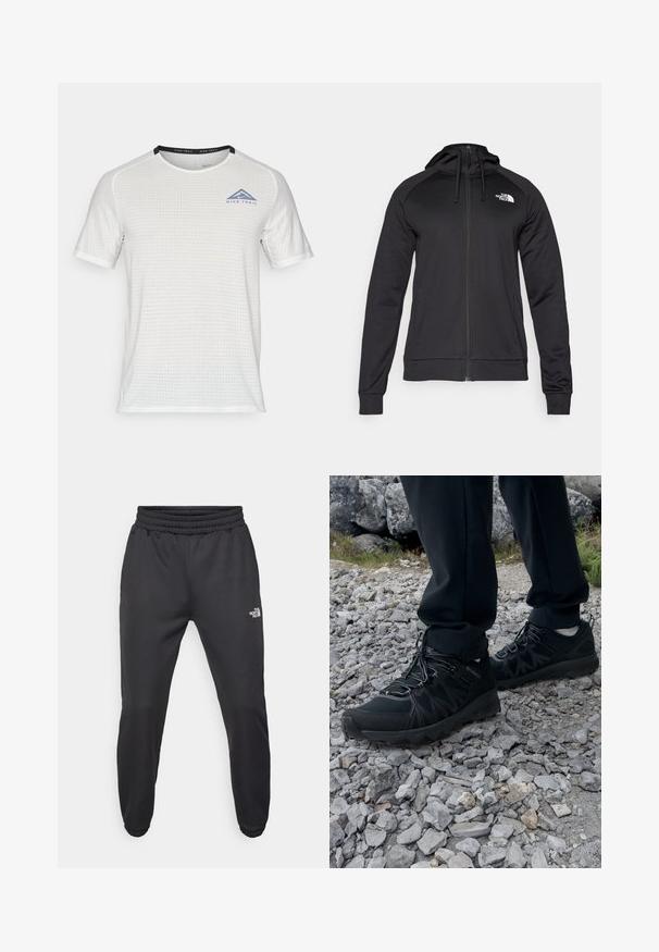 Černá zipová mikina s přiléhavým střihem, s kapucí na šňůrku a logem na levé části hrudi. Měkká, elastická tkanina s žebrovanými manžetami.; Nike Performance SOLAR CHASE - Sportovní tričko - summit white/black; Černé tepláky s nastavitelným pasem, zúženým střihem, elastickými manžetami a malým bílým logem na levém stehně, vyrobené z hladké tkaniny.; Černé venkovní boty z prodyšného a syntetického materiálu, s texturovaným svrškem, bezpečným šněrovacím systémem a robustní podrážkou, na skalnatém terénu.