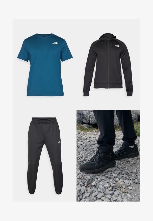 Czarny zamykany na zamek dres z dopasowanym krojem, z kapturem na sznurku i logo na lewej piersi. Miękka, elastyczna tkanina z prążkowanymi mankietami.; The North Face - T-shirt z nadrukiem; Czarne dresy z elastycznym paskiem w talii, zwężanym krojem, elastycznymi mankietami i małym białym logo na lewej udzie, wykonane z gładkiego materiału.; Czarne buty outdoorowe wykonane z siateczki i materiału syntetycznego, z fakturowaną cholewką, zabezpieczonym systemem sznurowania i solidną podeszwą, na skalistym terenie.